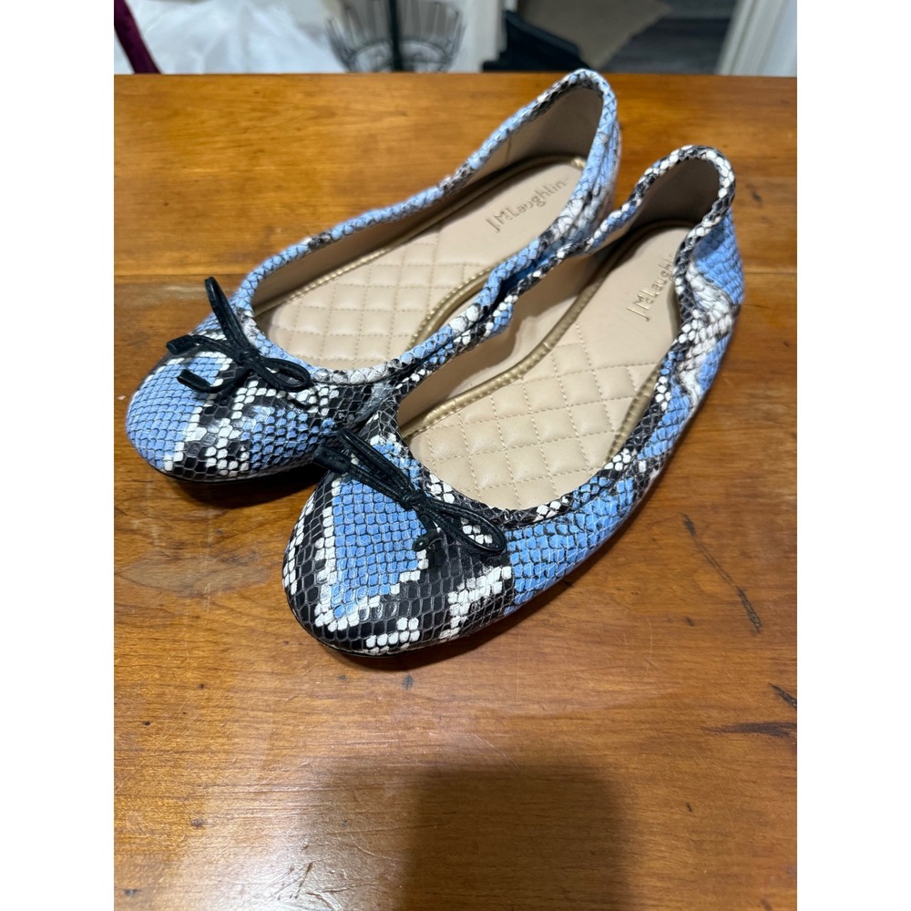 J.McLaughlin Mercer Ballet Flats Women 8 Blue Snakeskin Leather Bow Classic